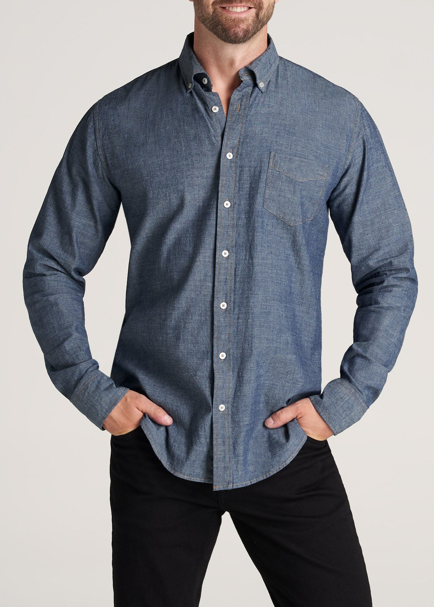    American-Tall-Men-Chambray-ButtonDown-Shirt-MediumChambray-front