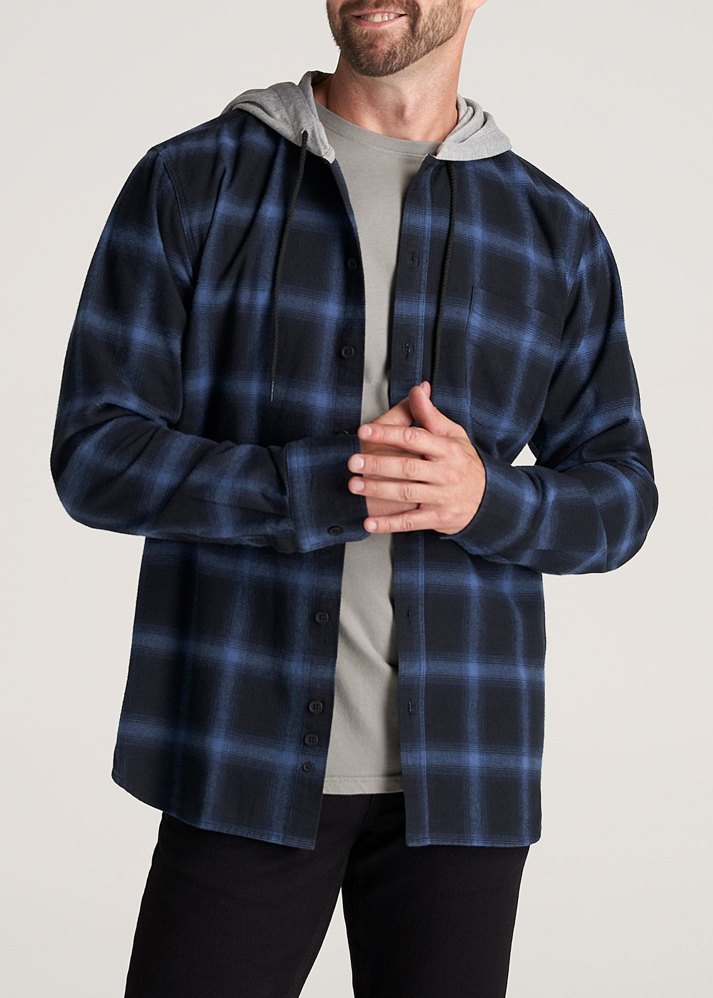     American-Tall-Men-LJ-Hooded-FlannelShirt-BlackMediumBluePlaid-front