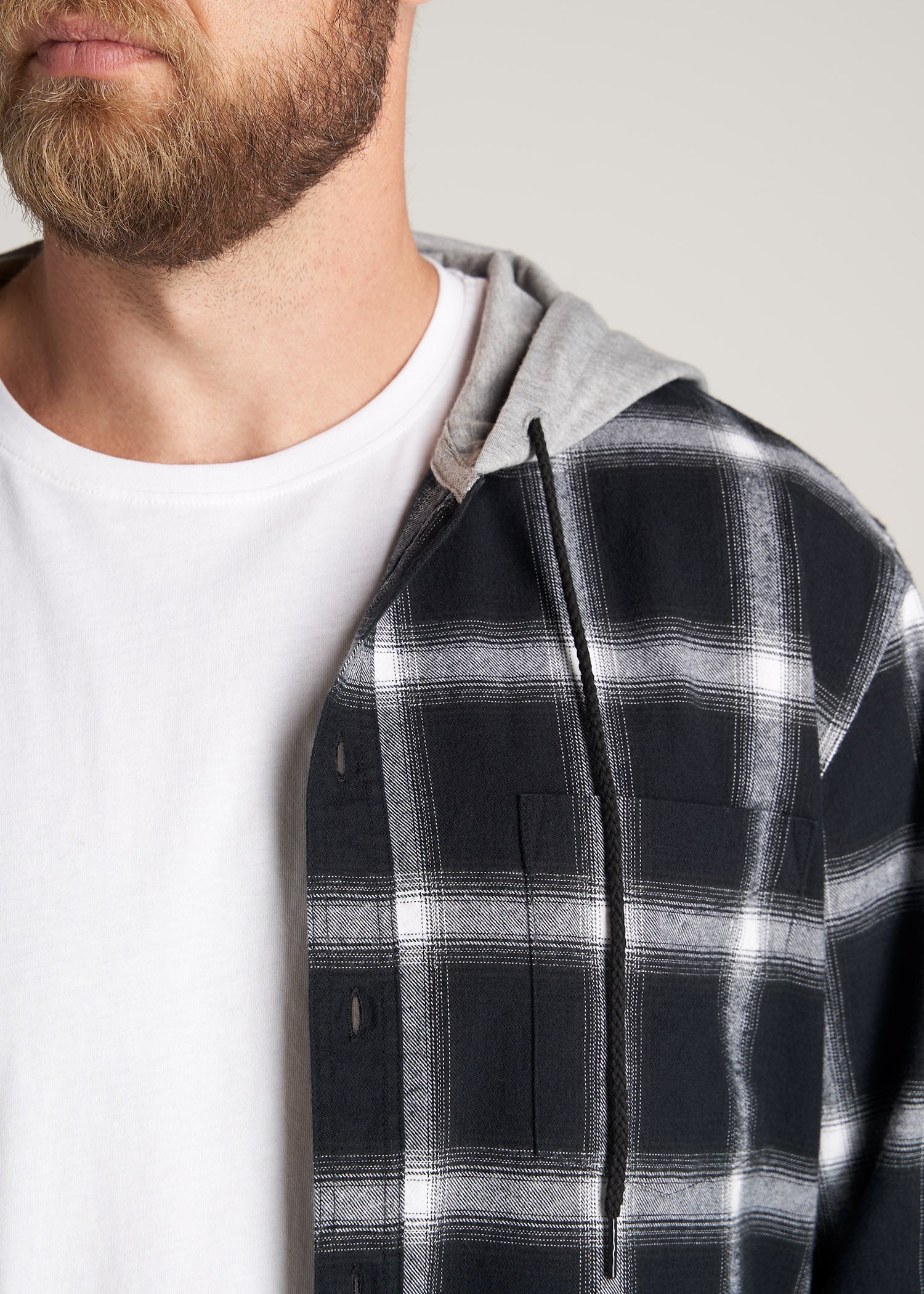    American-Tall-Men-LJ-Hooded-FlannelShirt-BlackWhitePlaid-detail