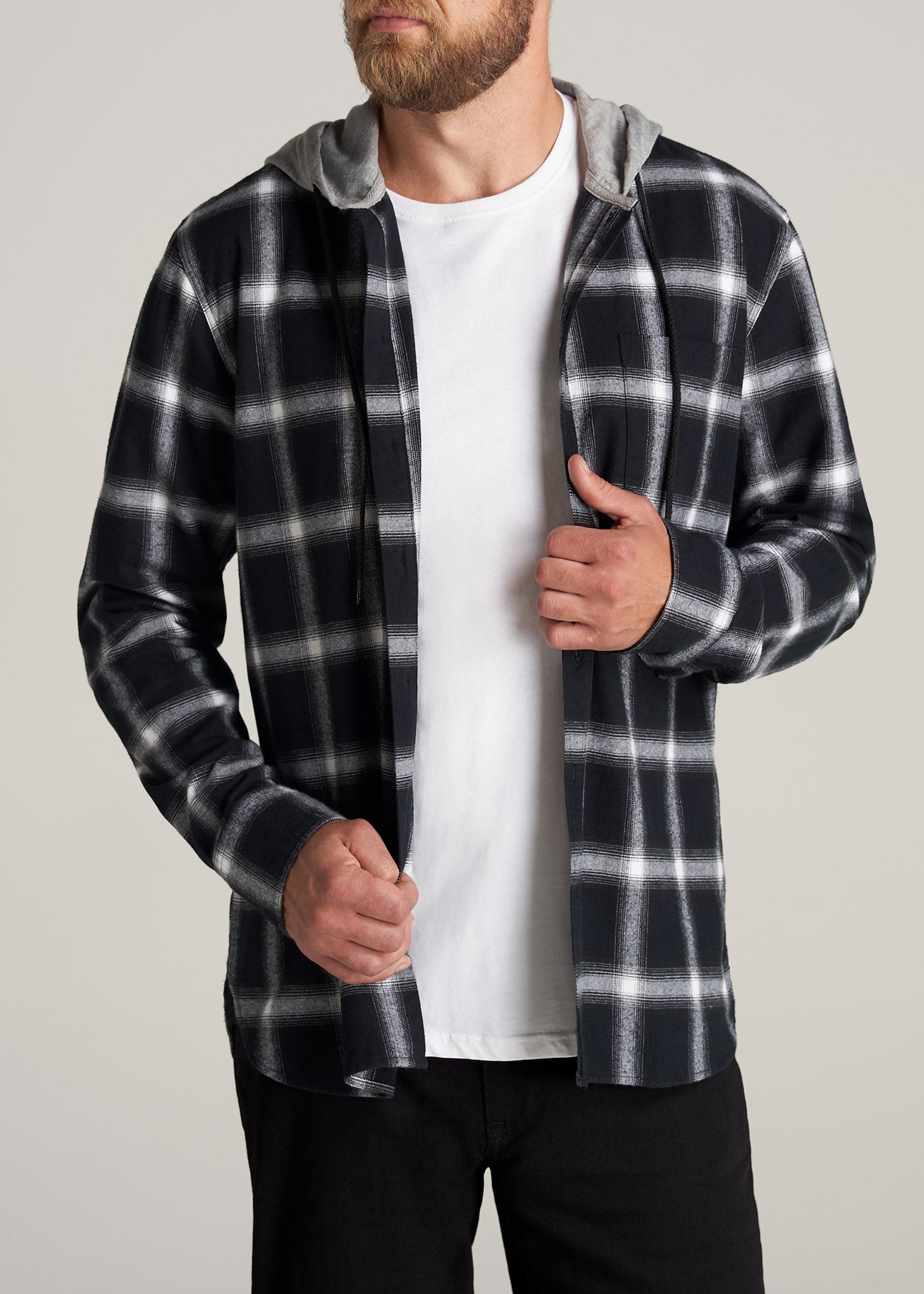     American-Tall-Men-LJ-Hooded-FlannelShirt-BlackWhitePlaid-front