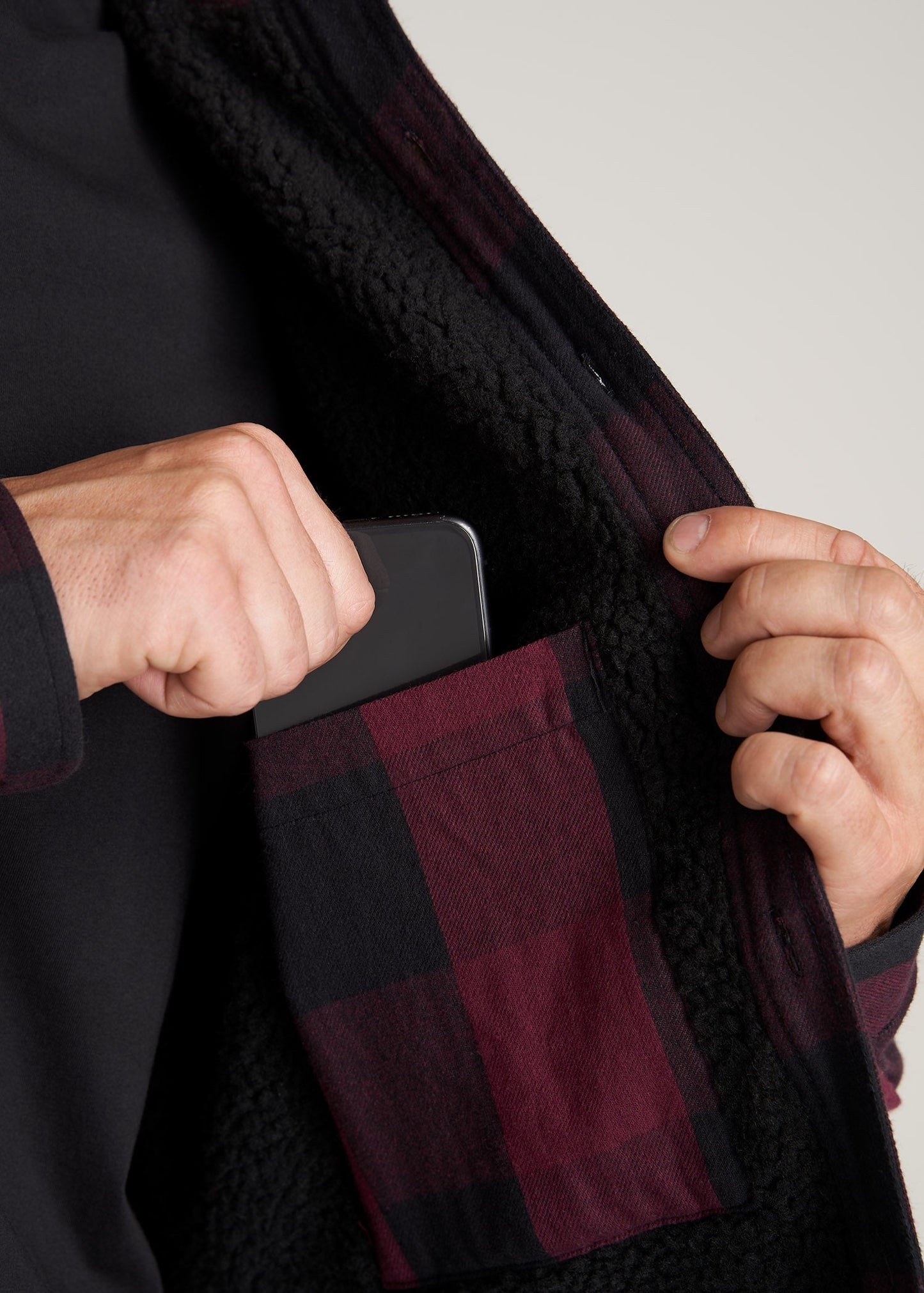     American-Tall-Men-LJ-Sherpa-Lined-WorkJacket-BlackSumacRedPlaid-detail