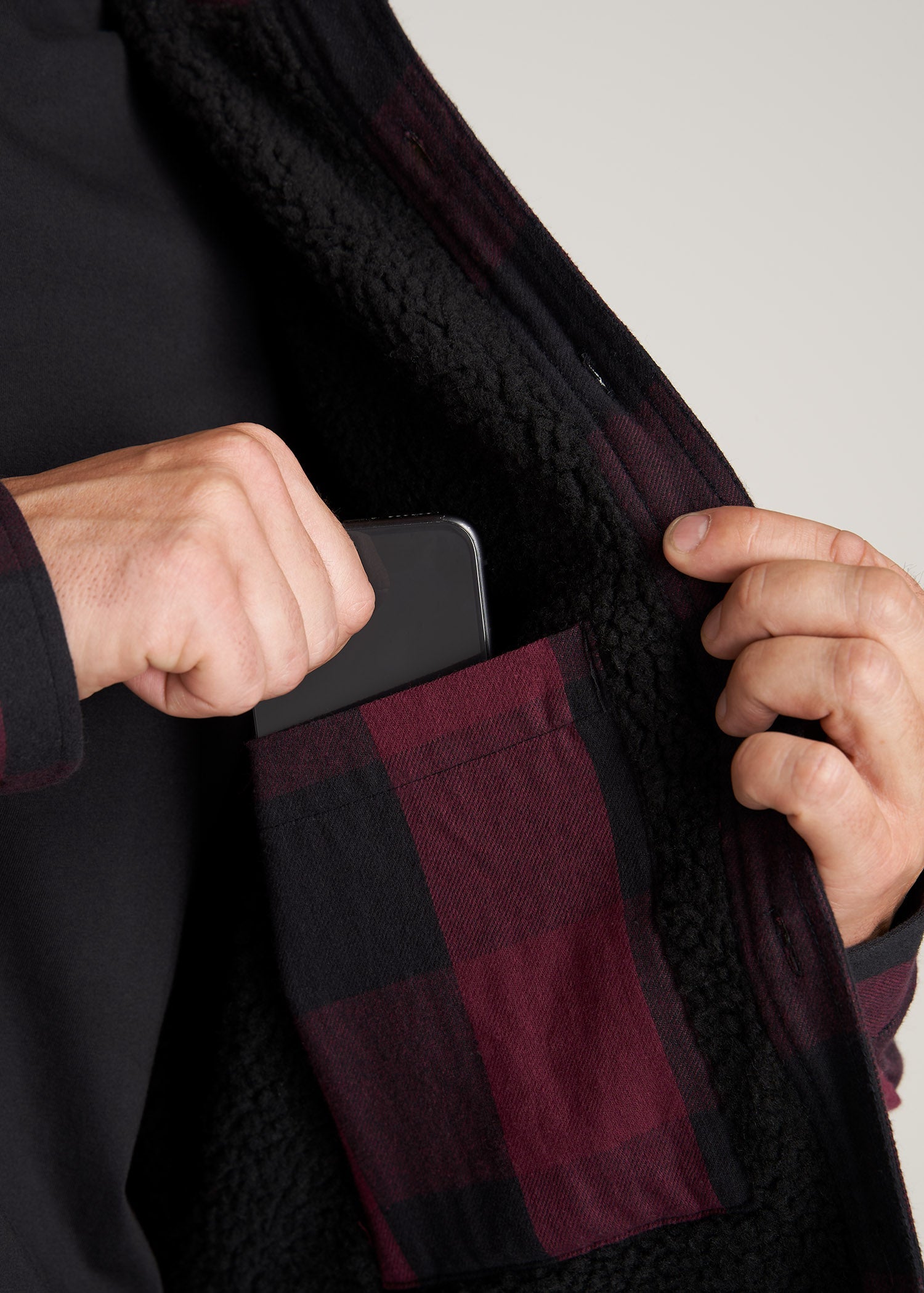     American-Tall-Men-LJ-Sherpa-Lined-WorkJacket-BlackSumacRedPlaid-detail