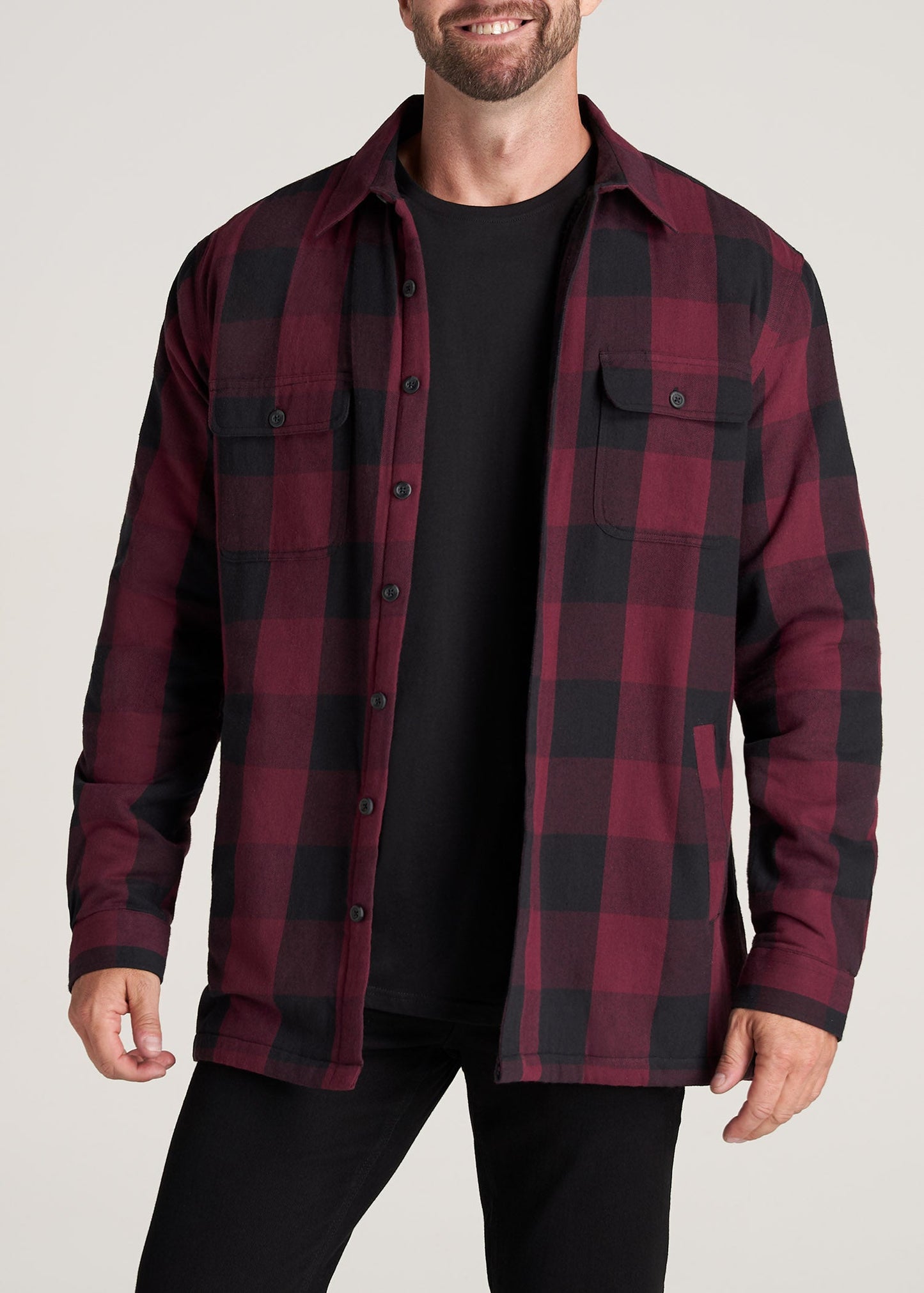       American-Tall-Men-LJ-Sherpa-Lined-WorkJacket-BlackSumacRedPlaid-front