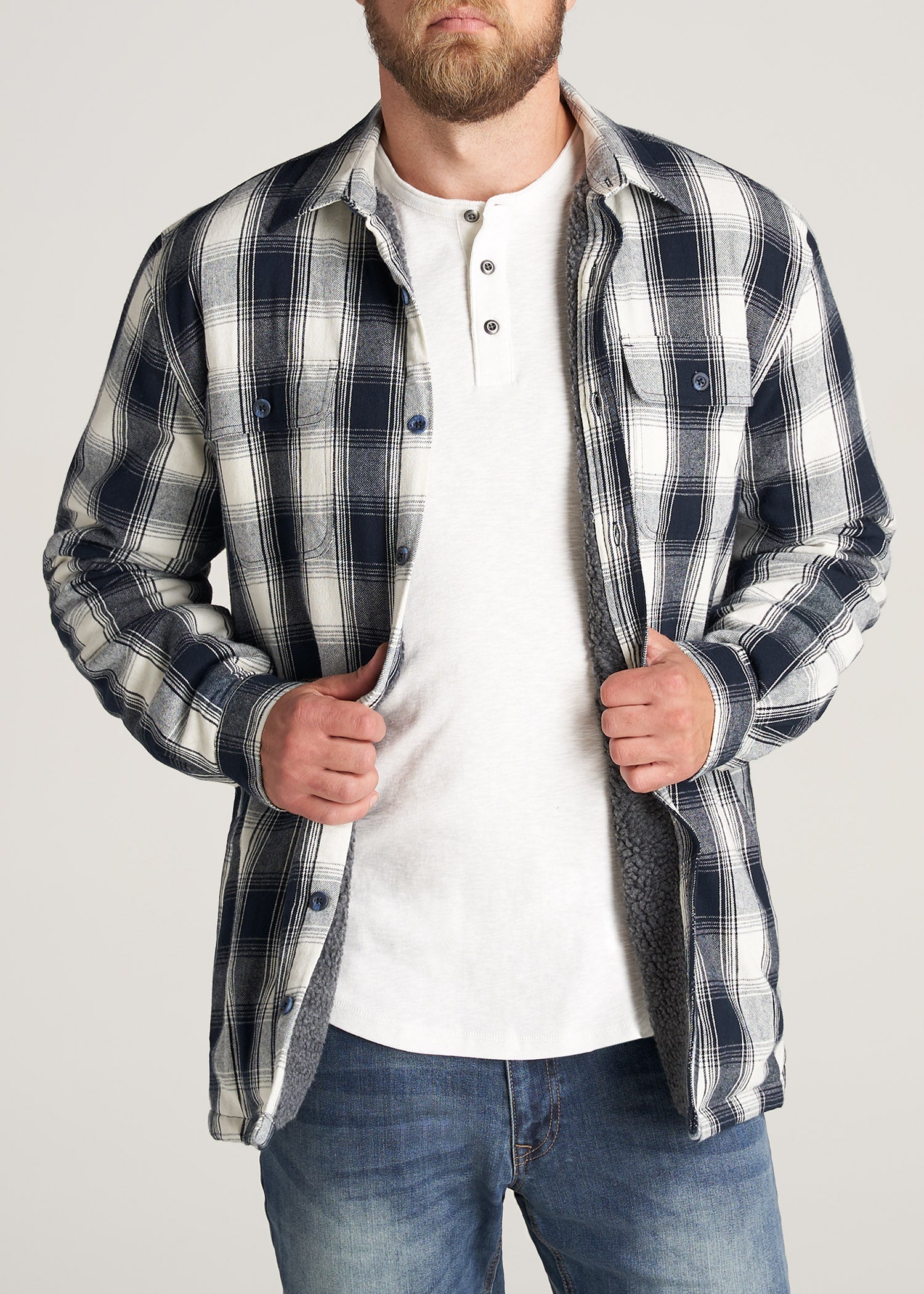    American-Tall-Men-LJ-Sherpa-Lined-WorkJacket-MidnightNavyEcruPlaid-front