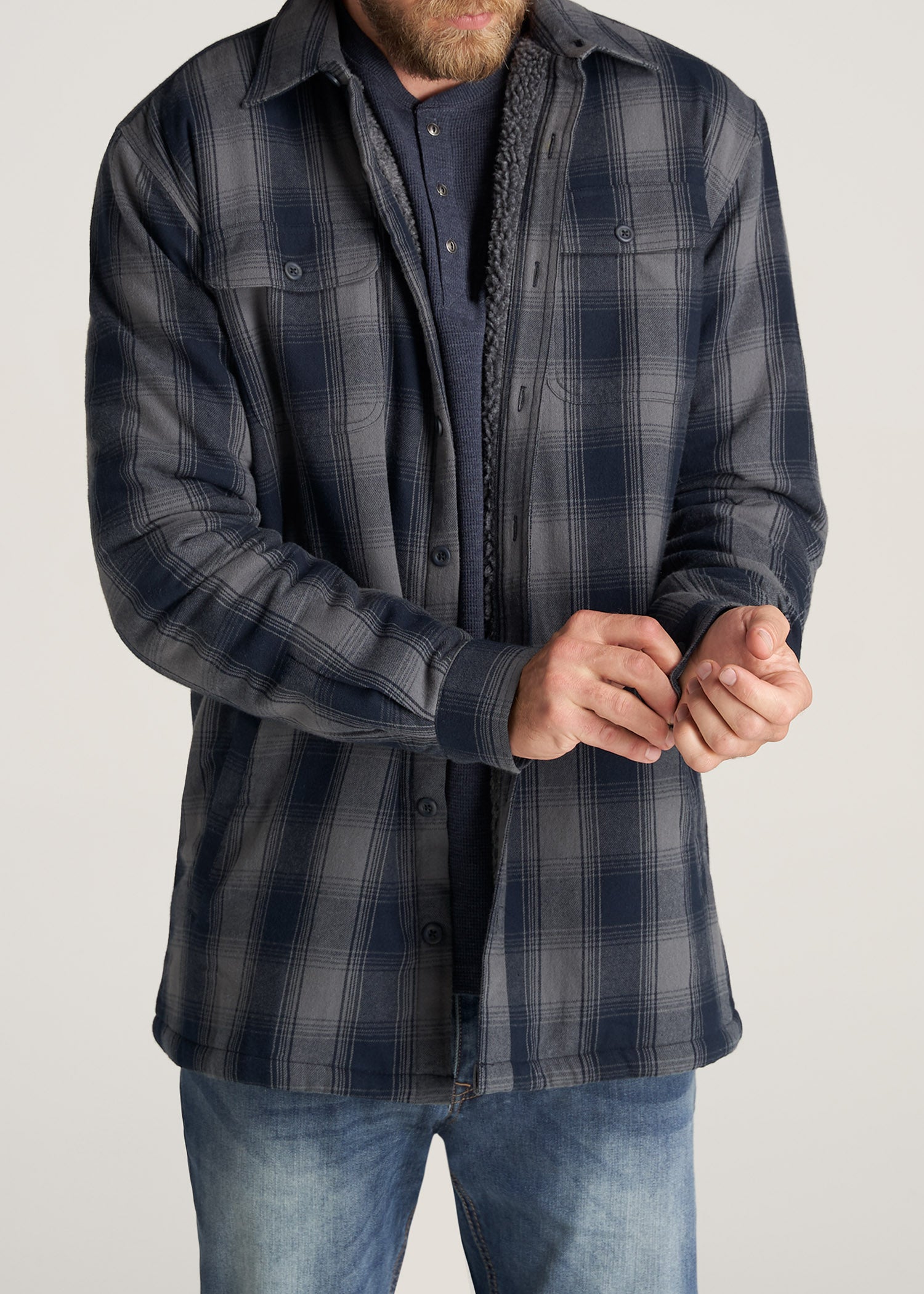       American-Tall-Men-LJ-Sherpa-Lined-WorkJacket-MidnightNavyMediumGreyPlaid-front