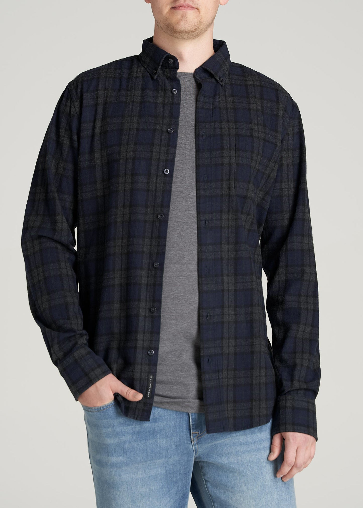        American-Tall-Men-Nelson-ButtonDown-Shirt-CharcoalMelangeNavyPlaid-front