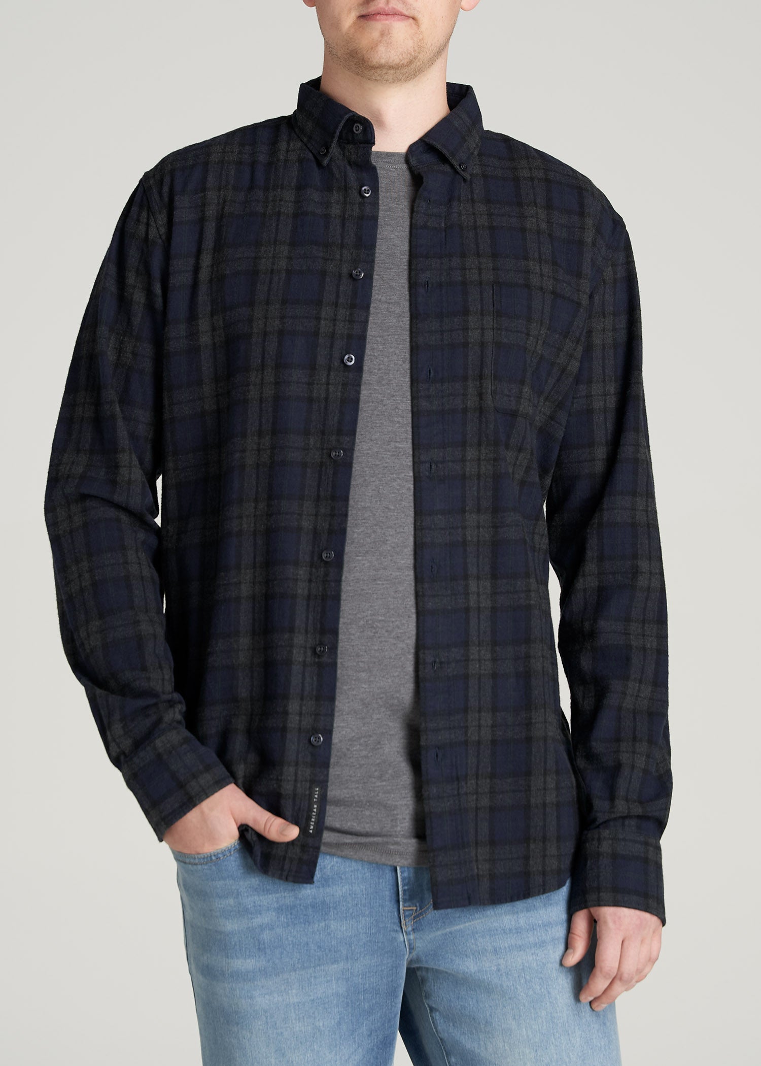        American-Tall-Men-Nelson-ButtonDown-Shirt-CharcoalMelangeNavyPlaid-front