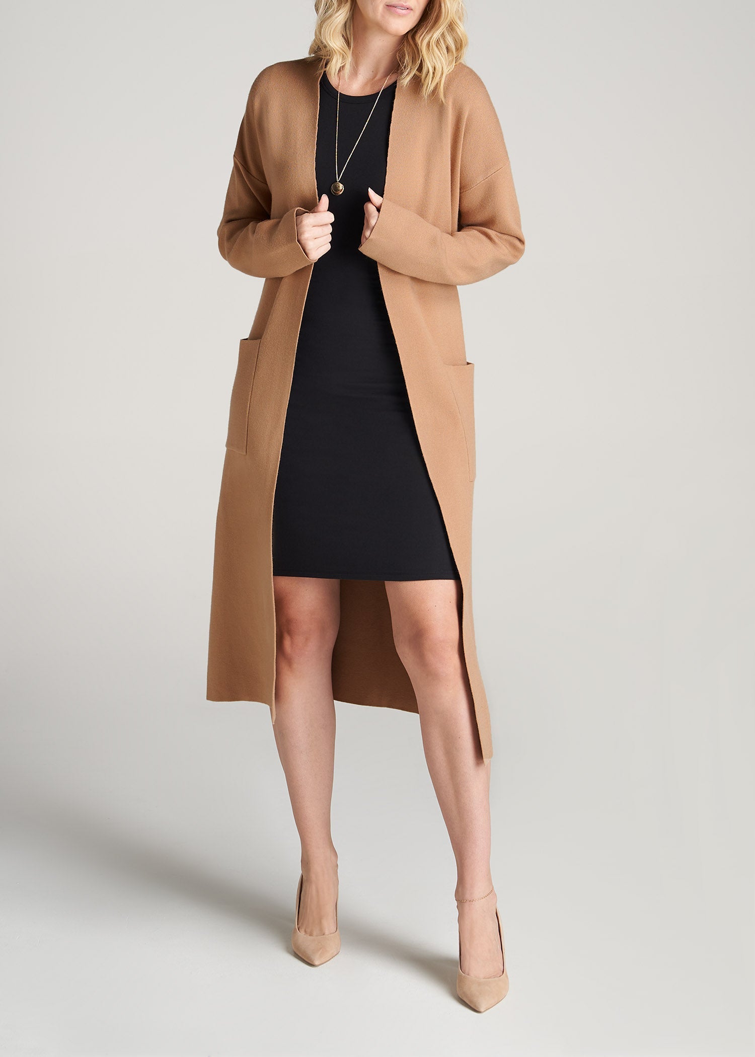 American-Tall-Women-LongBelted-Cardigan-Caramel-front