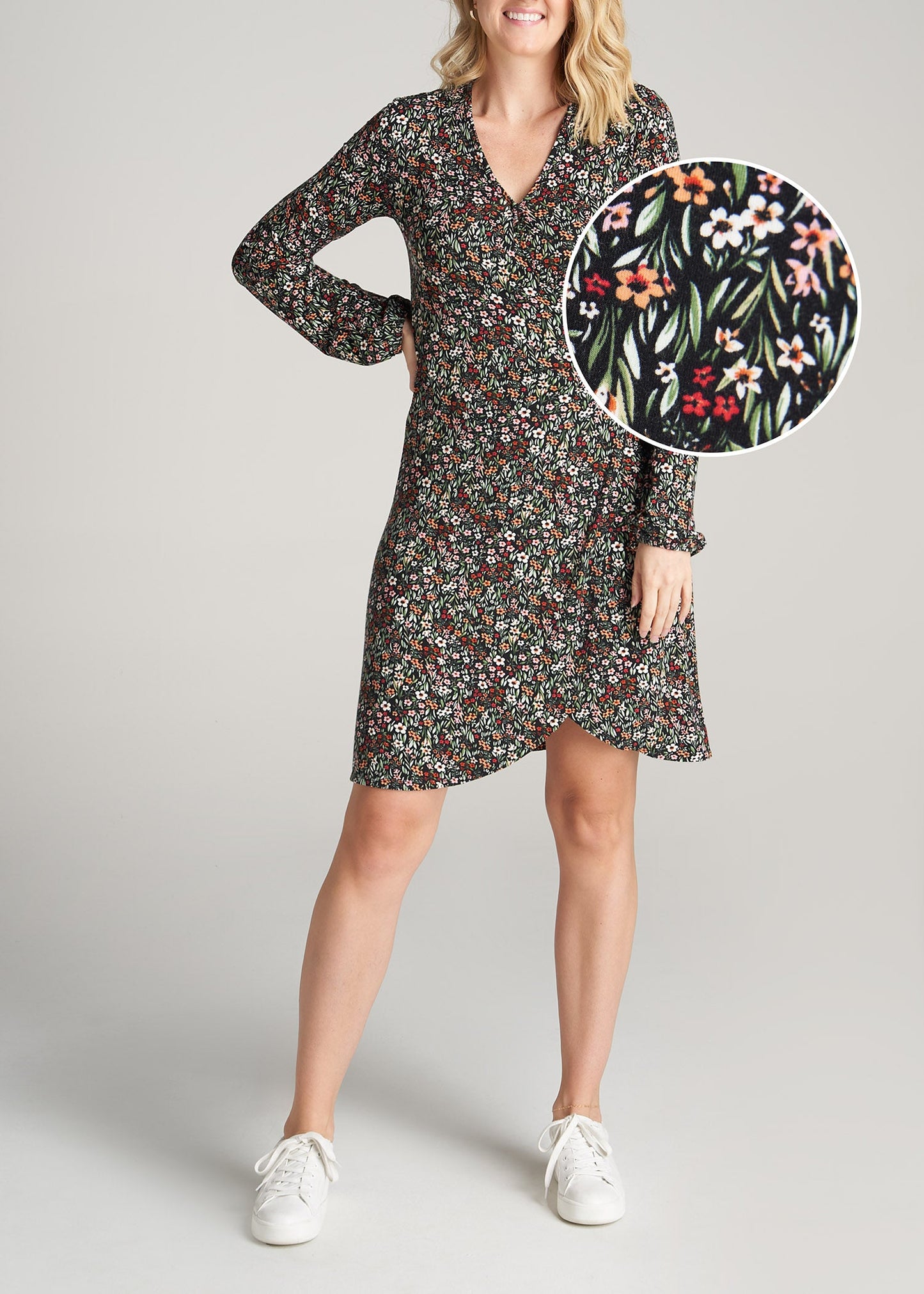    American-Tall-Women-LongSleeve-Jersey-WrapDress-BlackFloral-front