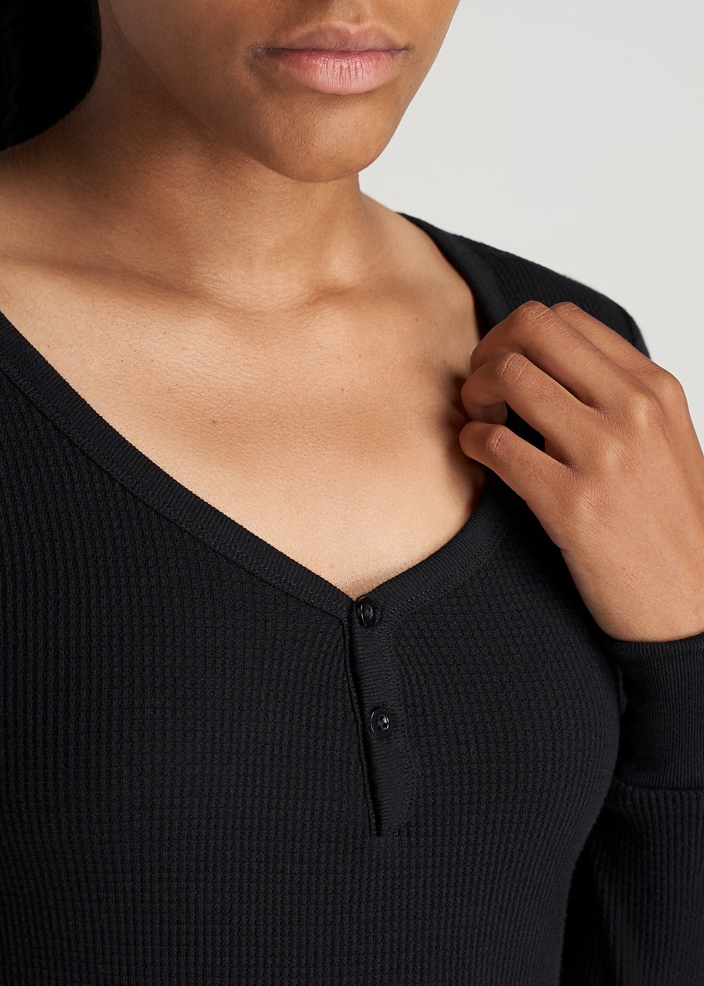 American-Tall-Women-LongSleeve-Tee-WaffleHenley-Black-detail