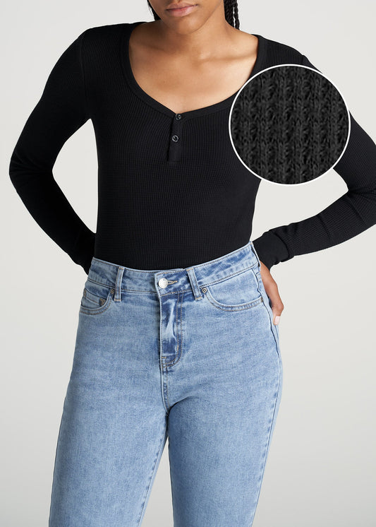 American-Tall-Women-LongSleeve-Tee-WaffleHenley-Black-front