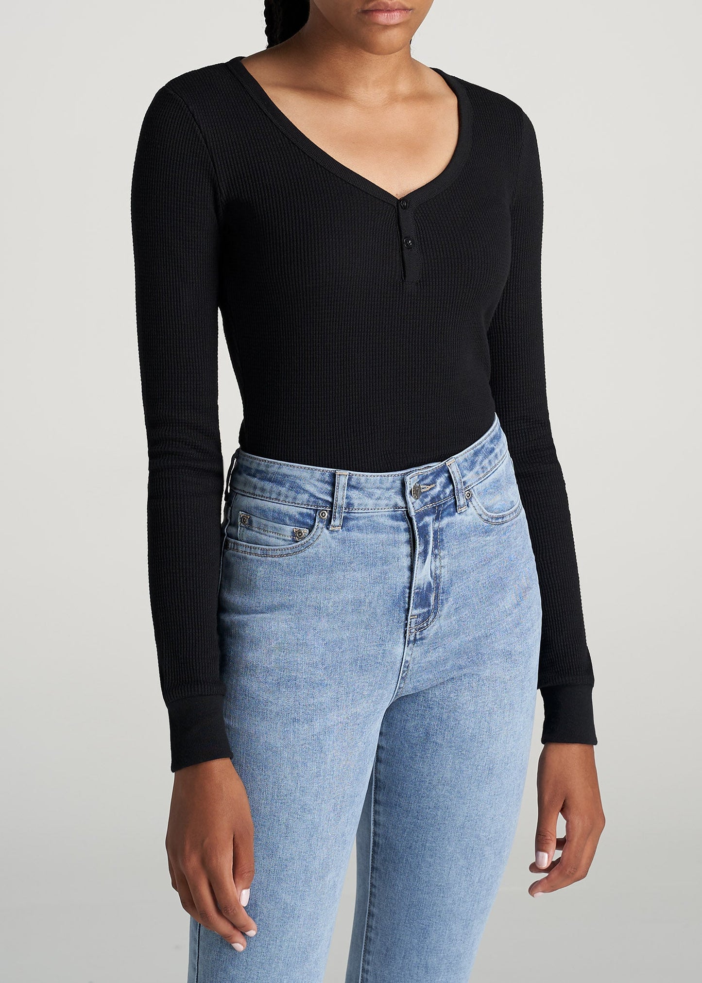 American-Tall-Women-LongSleeve-Tee-WaffleHenley-Black-side