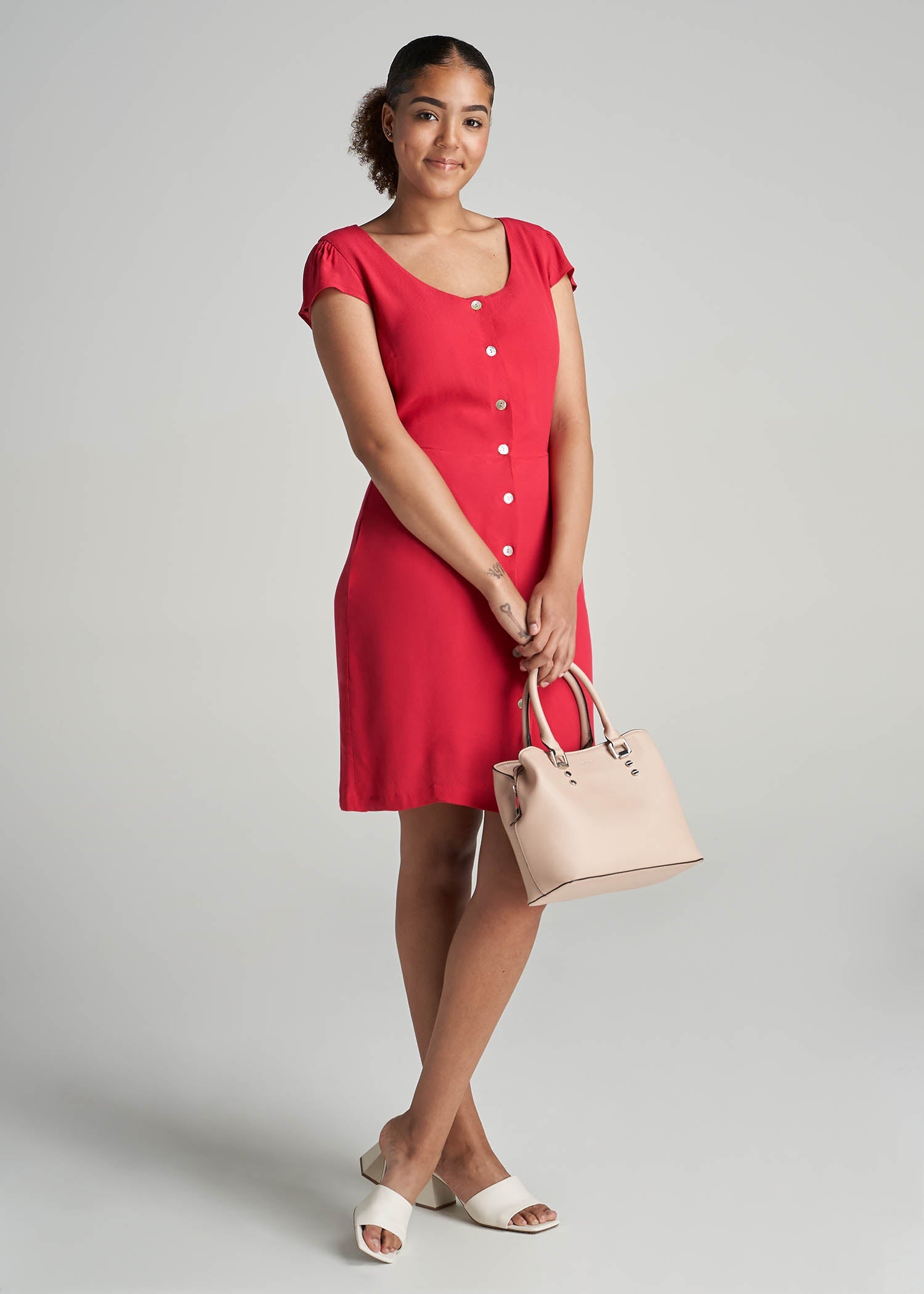 American_Tall_Women_SlimFit_CapSleeve_Dress_RasberryRed_fullbody