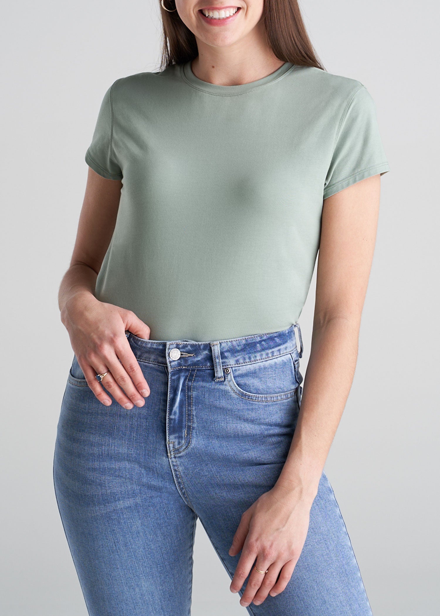 American_Tall_Womens_High_Crew-neck_CapSleeve_SageGreen_Tee-front