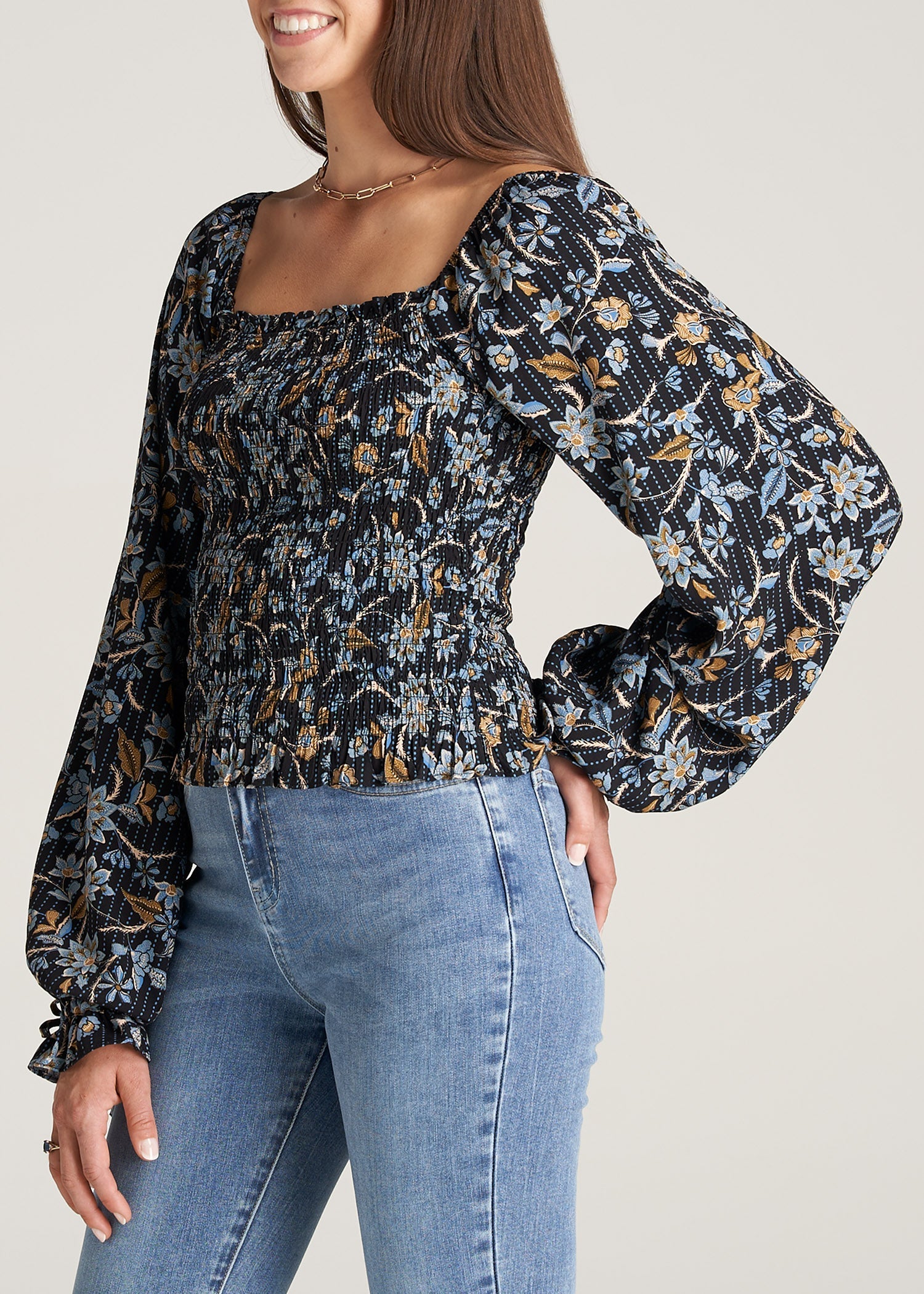 Womens-BalloonSleeveBlouse-BlackFloral-side