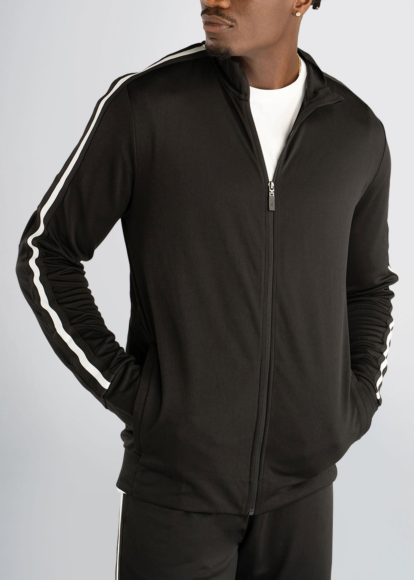american-tall-athleticstripejacket-black-front-half-zipped